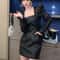 Women Spring Autumn Retro Black Faux Leather Mini Dress Puff Sleeve Square Neck Sheath Dress 4
