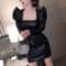 Women Spring Autumn Retro Black Faux Leather Mini Dress Puff Sleeve Square Neck Sheath Dress 5
