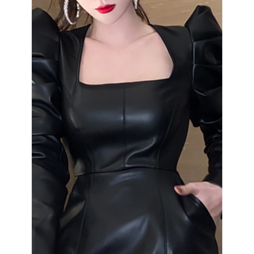 Women Spring Autumn Retro Black Faux Leather Mini Dress Puff Sleeve Square Neck Sheath Dress 1