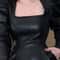Women Spring Autumn Retro Black Faux Leather Mini Dress Puff Sleeve Square Neck Sheath Dress 1