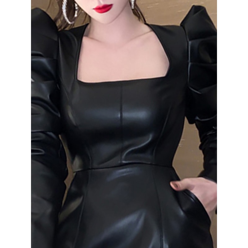 Women Spring Autumn Retro Black Faux Leather Mini Dress Puff Sleeve Square Neck Sheath Dress 1