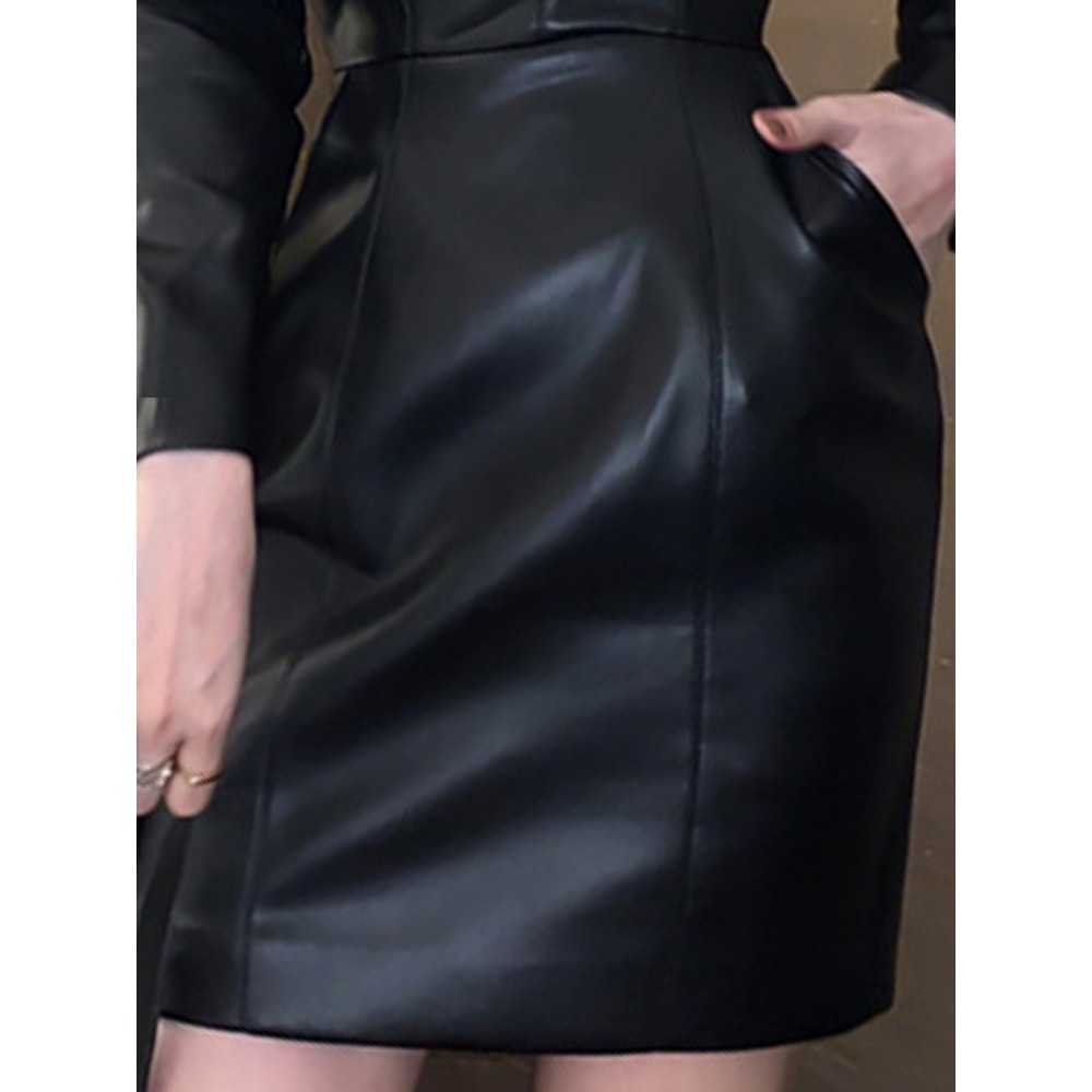 Women Spring Autumn Retro Black Faux Leather Mini Dress Puff Sleeve Square Neck Sheath Dress 2