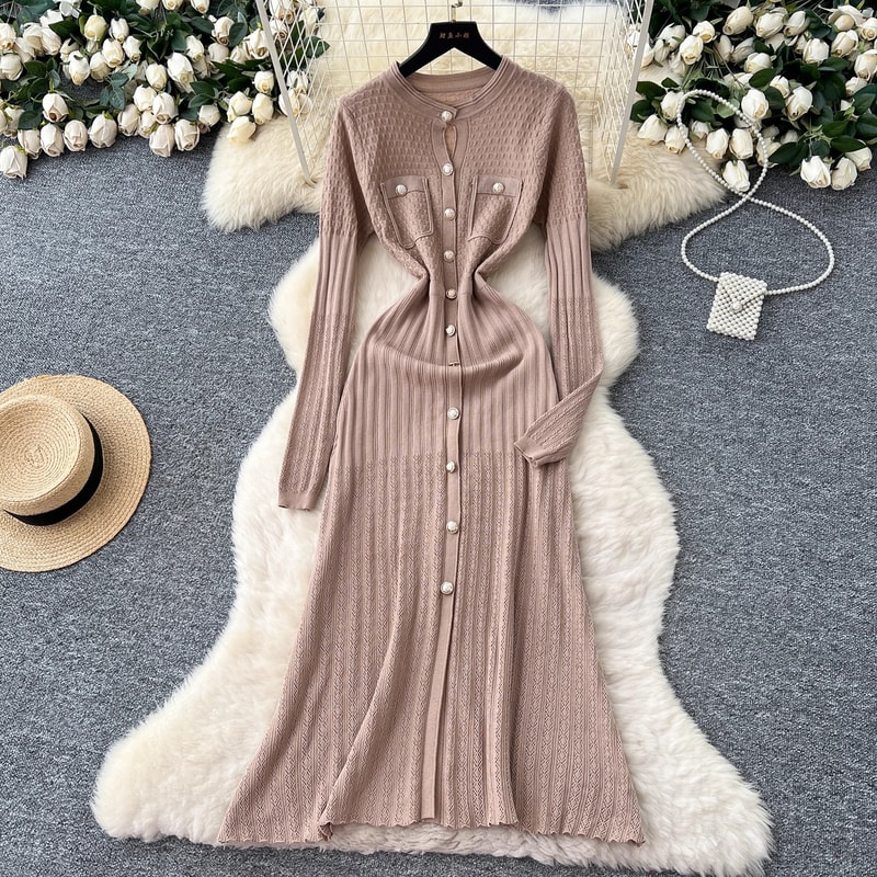 Luxury Office Lady Fashion Aesthetic Patchwork Knitted Maxi Dress Autumn Winter Sweater Shirt Dress 3