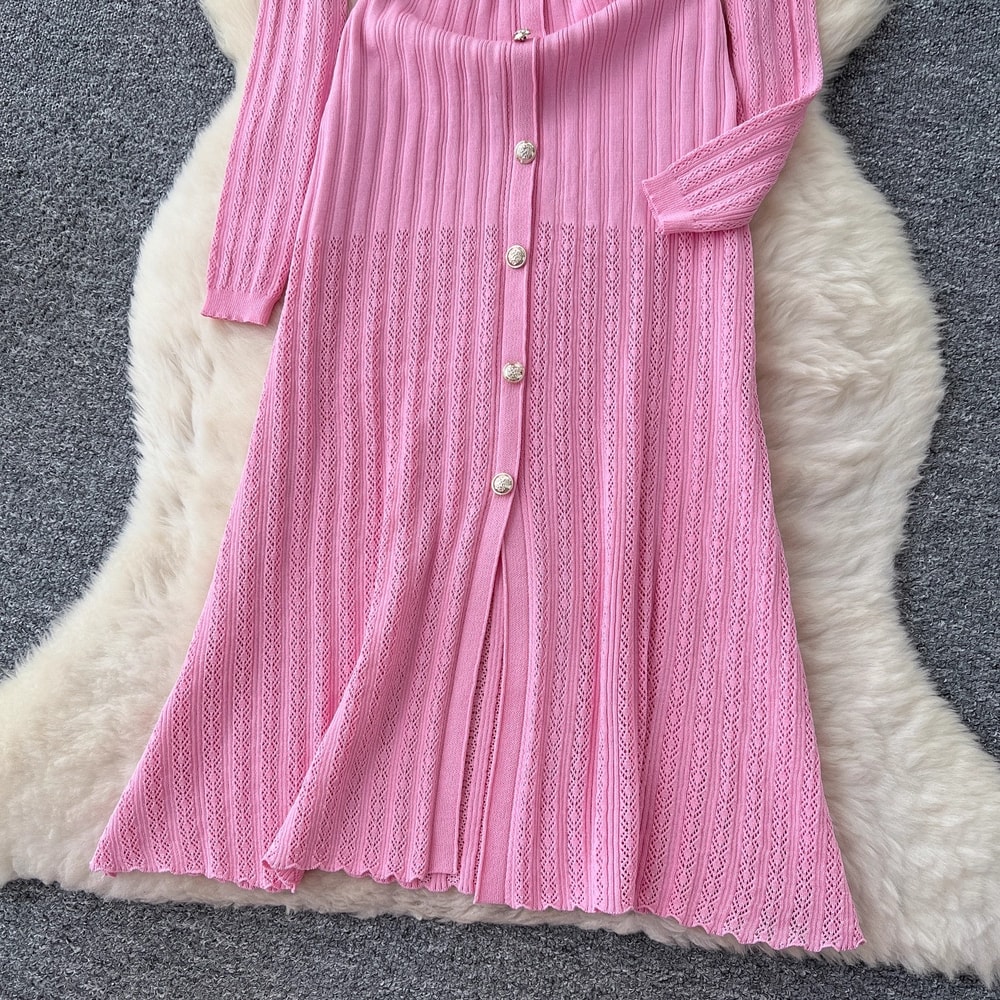 Luxury Office Lady Fashion Aesthetic Patchwork Knitted Maxi Dress Autumn Winter Sweater Shirt Dress 1