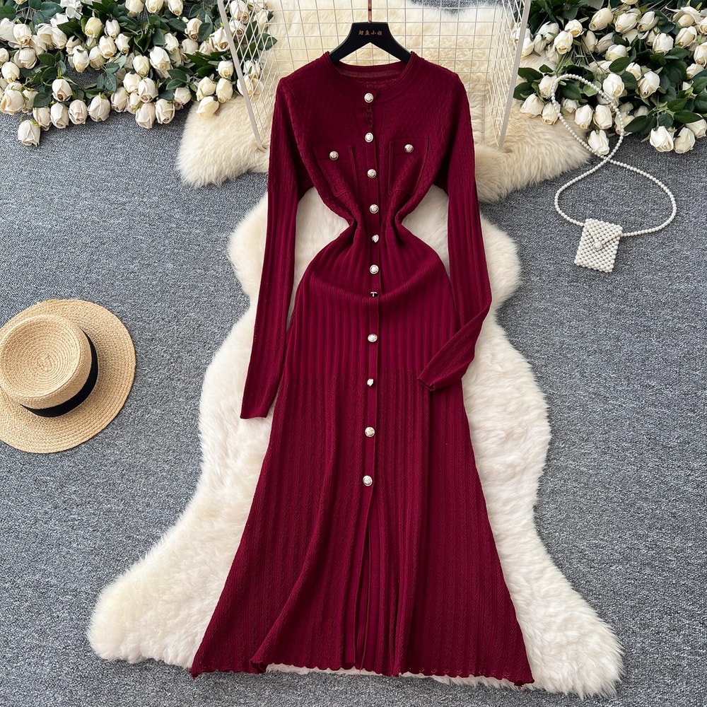 Luxury Office Lady Fashion Aesthetic Patchwork Knitted Maxi Dress Autumn Winter Sweater Shirt Dress 6