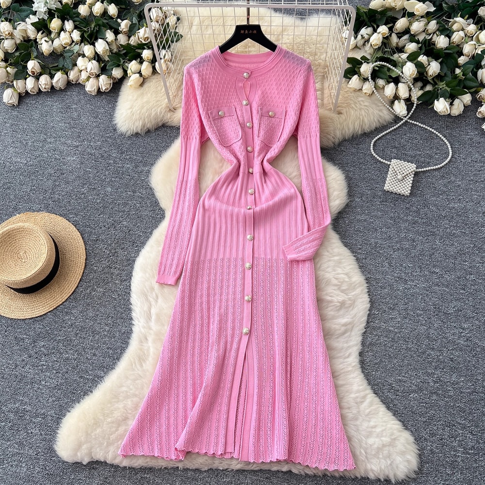 Luxury Office Lady Fashion Aesthetic Patchwork Knitted Maxi Dress Autumn Winter Sweater Shirt Dress 4