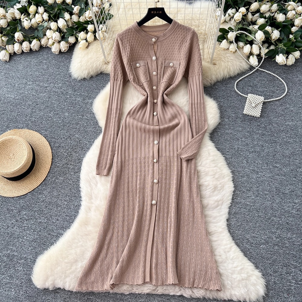 Luxury Office Lady Fashion Aesthetic Patchwork Knitted Maxi Dress Autumn Winter Sweater Shirt Dress 5