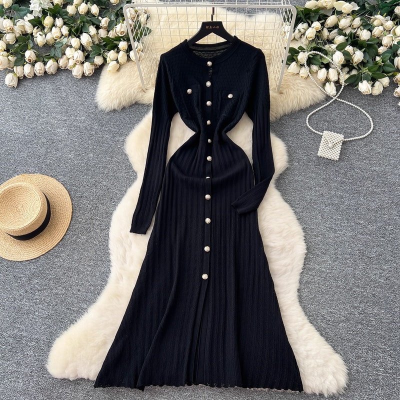 Luxury Office Lady Fashion Aesthetic Patchwork Knitted Maxi Dress Autumn Winter Sweater Shirt Dress 7