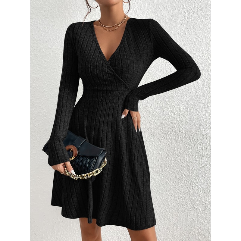 Casual Long Sleeve Scoop Neck Midi Dress for Fall and Winter, Women's Plain Split Thigh Ribbed Bodycon Dress