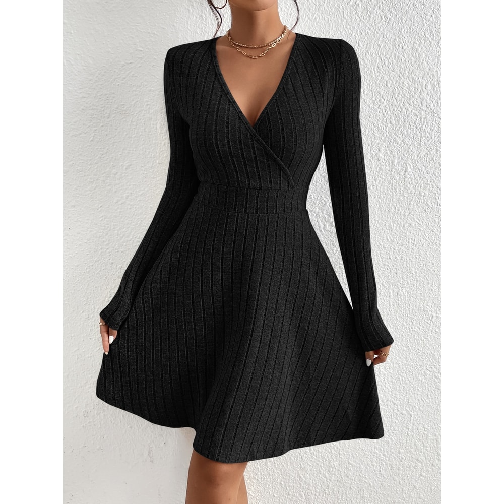 Casual Long Sleeve Scoop Neck Midi Dress for Fall and Winter, Women's Plain Split Thigh Ribbed Bodycon Dress