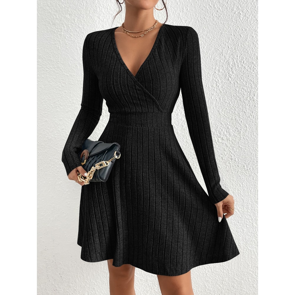Casual Long Sleeve Scoop Neck Midi Dress for Fall and Winter, Women's Plain Split Thigh Ribbed Bodycon Dress