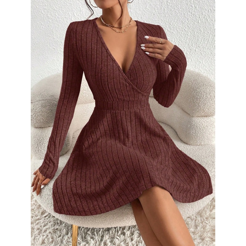 Casual Long Sleeve Scoop Neck Midi Dress for Fall and Winter, Women's Plain Split Thigh Ribbed Bodycon Dress
