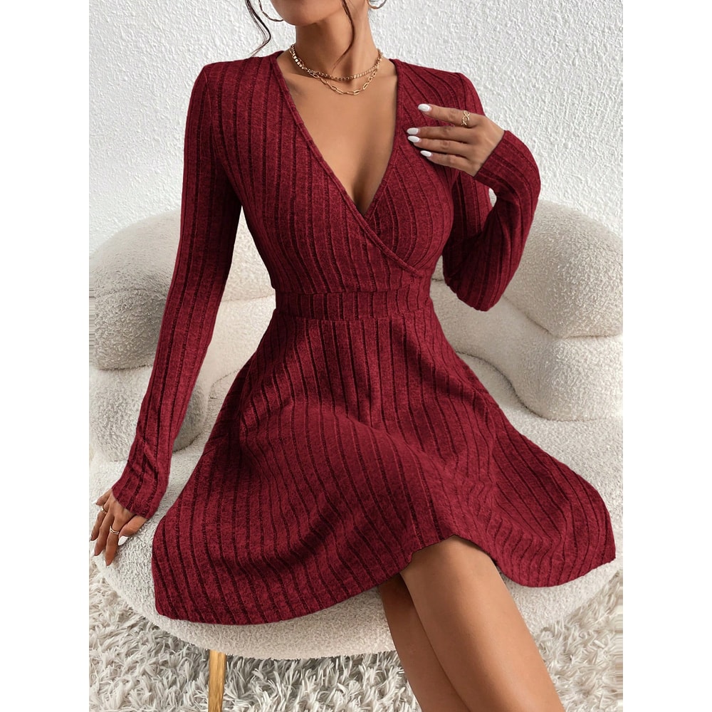 Casual Long Sleeve Scoop Neck Midi Dress for Fall and Winter, Women's Plain Split Thigh Ribbed Bodycon Dress