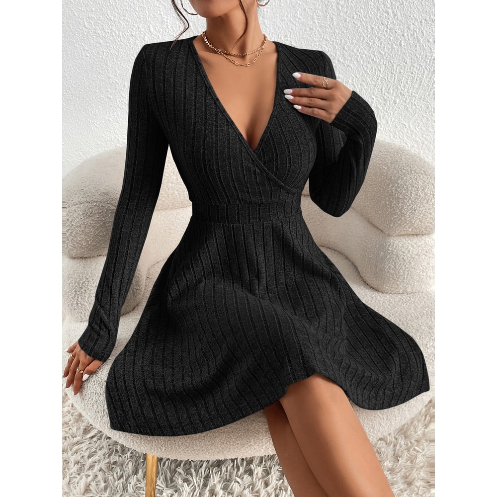 Casual Long Sleeve Scoop Neck Midi Dress for Fall and Winter, Women's Plain Split Thigh Ribbed Bodycon Dress