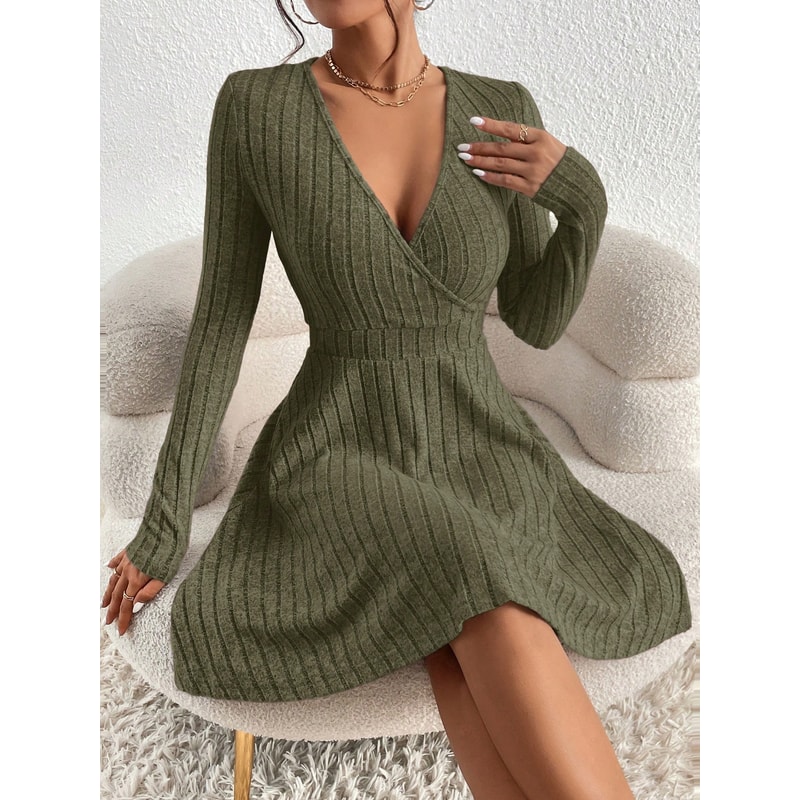 Casual Long Sleeve Scoop Neck Midi Dress for Fall and Winter, Women's Plain Split Thigh Ribbed Bodycon Dress