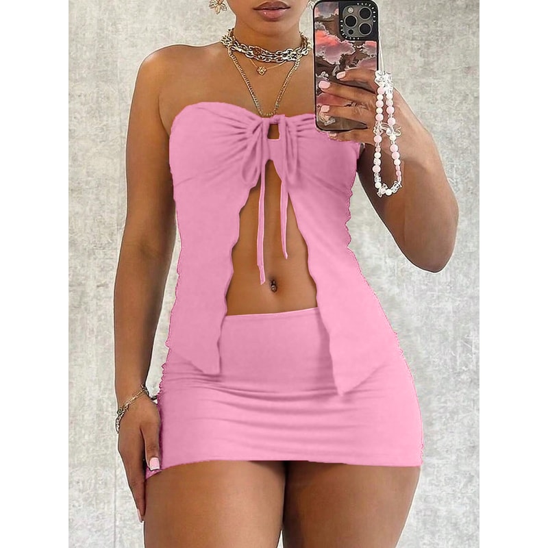 Fashion Casual Womens Solid Color Tube Top And Skirt Set Sleeveless Bodycon Skirt For Daily Outdoor 4