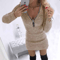 Women's Fashion Long-Sleeve Knitted Bodycon Dress, Solid Color Autumn Winter Zipper Waist Casual Elegant