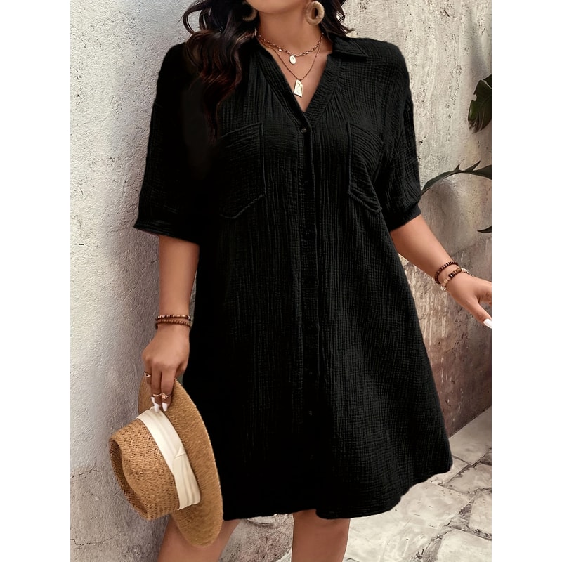 Casual Loose Womens Shirt Dress With ButtonUp Collar Short Sleeve Straight Cut Outdoor Commute Dres 3