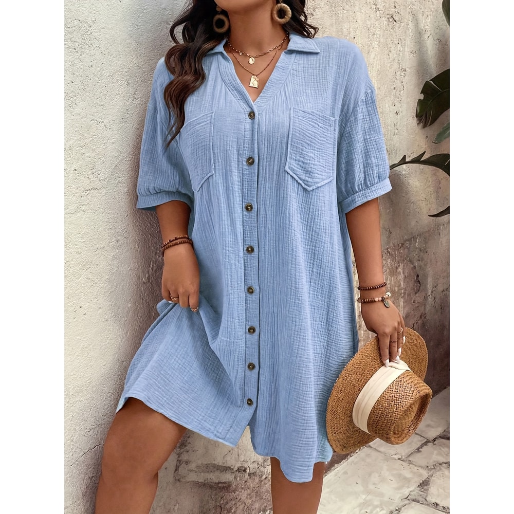 Casual Loose Womens Shirt Dress With ButtonUp Collar Short Sleeve Straight Cut Outdoor Commute Dres 4