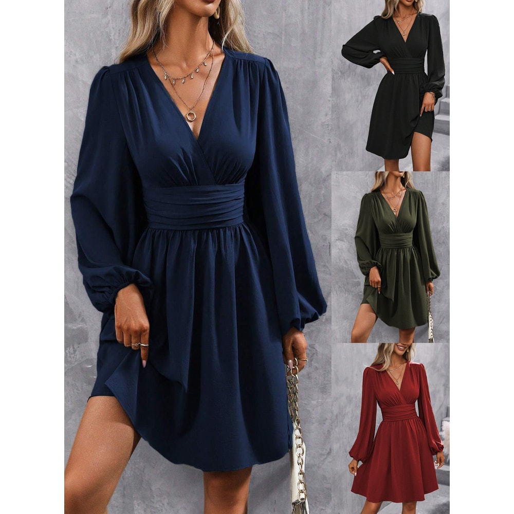 Women Winter Neck Lantern Sleeve Dress, Knit Dress with Waist Shirring, Bodycon Maxi