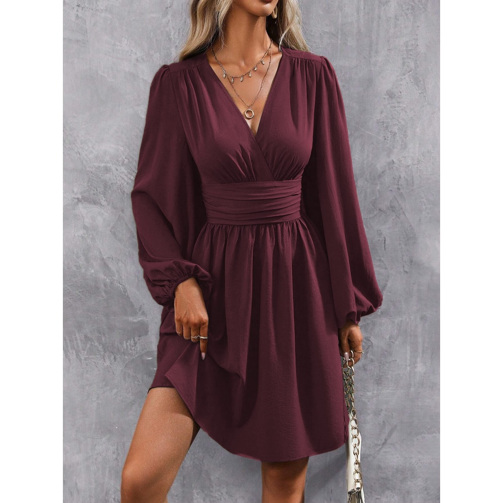 Women Winter Neck Lantern Sleeve Dress, Knit Dress with Waist Shirring, Bodycon Maxi