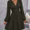 Women Winter Neck Lantern Sleeve Dress, Knit Dress with Waist Shirring, Bodycon Maxi