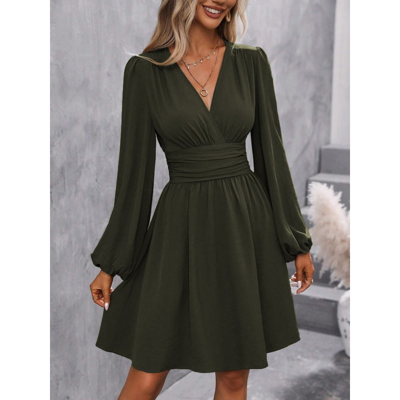 Women Winter Neck Lantern Sleeve Dress, Knit Dress with Waist Shirring, Bodycon Maxi