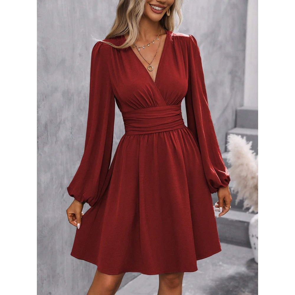Women Winter Neck Lantern Sleeve Dress, Knit Dress with Waist Shirring, Bodycon Maxi