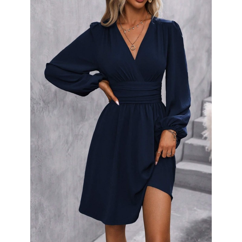 Women Winter Neck Lantern Sleeve Dress, Knit Dress with Waist Shirring, Bodycon Maxi