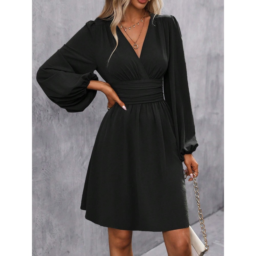 Women Winter Neck Lantern Sleeve Dress, Knit Dress with Waist Shirring, Bodycon Maxi