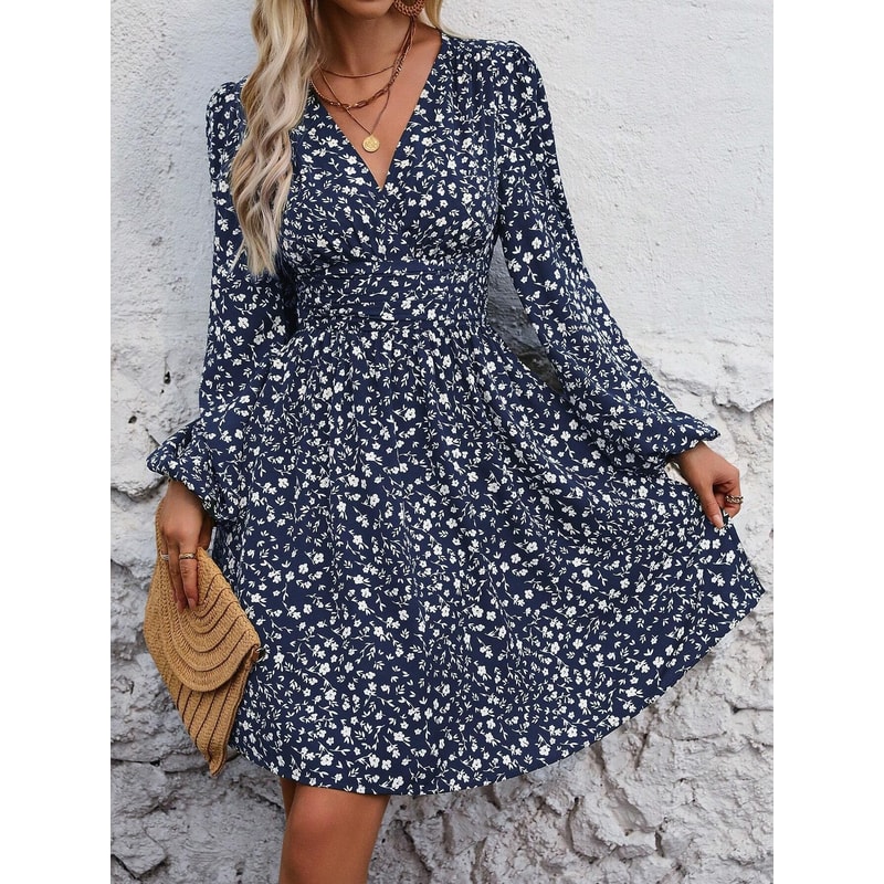 Women Winter Neck Lantern Sleeve Dress, Knit Dress with Waist Shirring, Bodycon Maxi