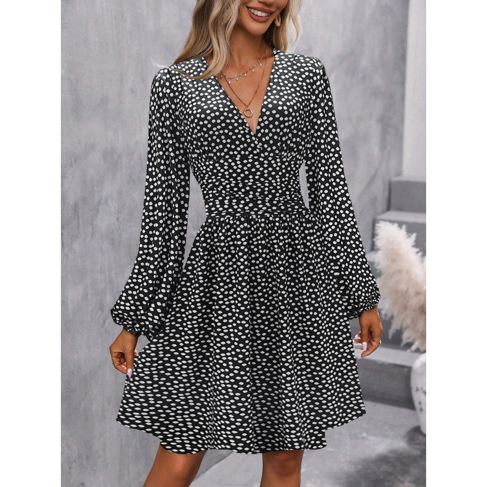 Women Winter Neck Lantern Sleeve Dress, Knit Dress with Waist Shirring, Bodycon Maxi