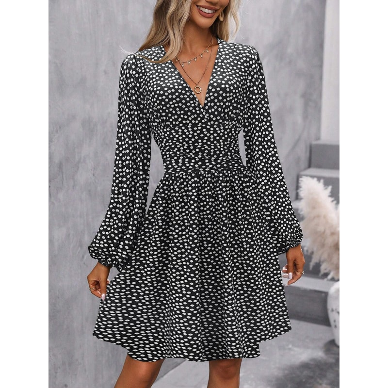 Women Winter Neck Lantern Sleeve Dress, Knit Dress with Waist Shirring, Bodycon Maxi