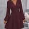 Women Winter Neck Lantern Sleeve Dress, Knit Dress with Waist Shirring, Bodycon Maxi