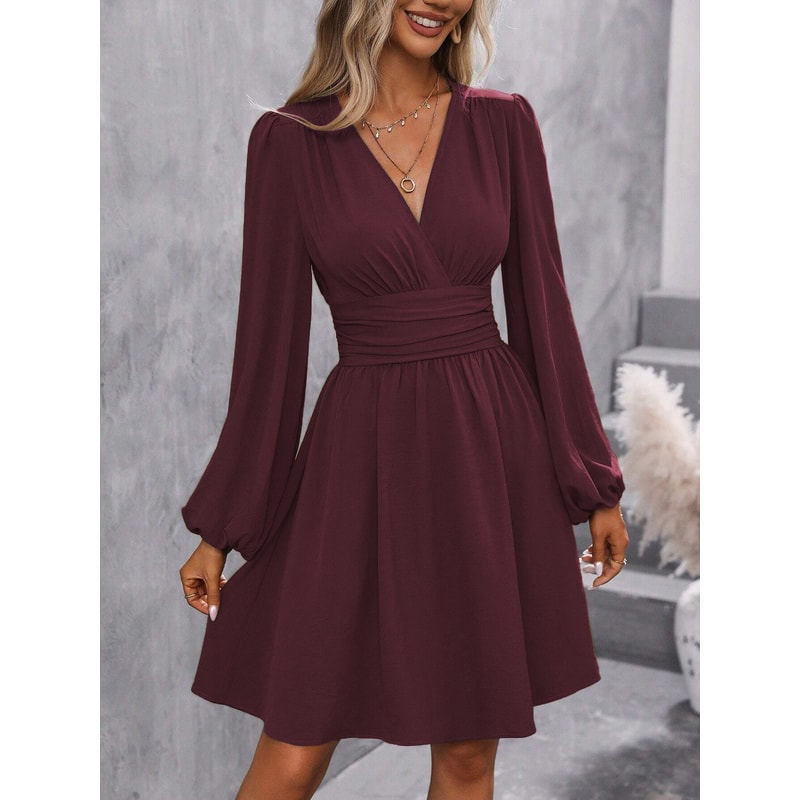 Women Winter Neck Lantern Sleeve Dress, Knit Dress with Waist Shirring, Bodycon Maxi