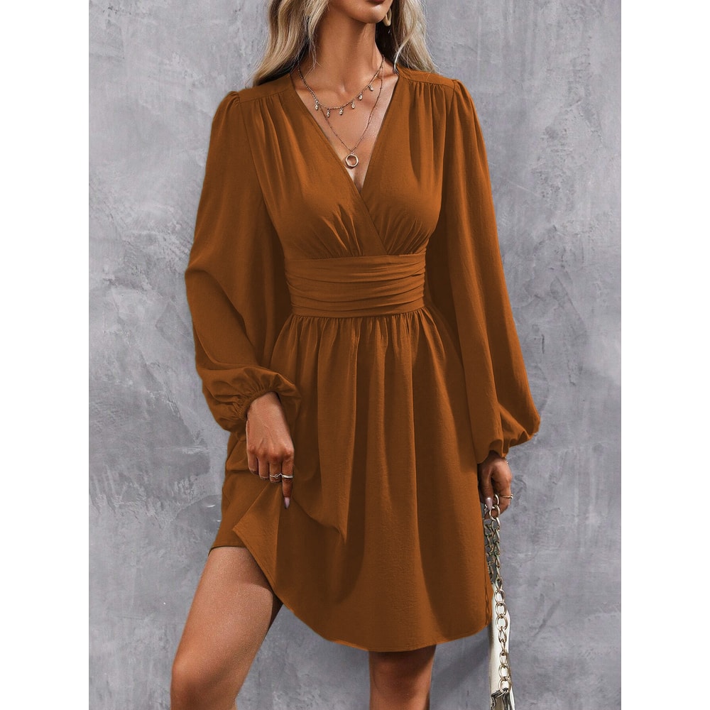 Women Winter Neck Lantern Sleeve Dress, Knit Dress with Waist Shirring, Bodycon Maxi