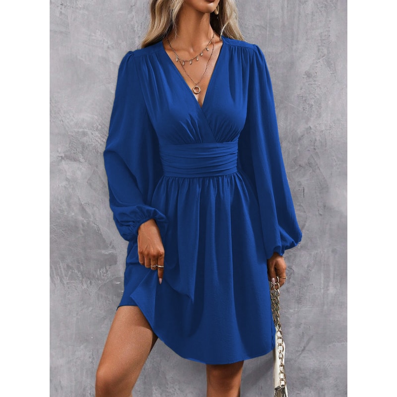 Women Winter Neck Lantern Sleeve Dress, Knit Dress with Waist Shirring, Bodycon Maxi