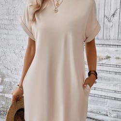 women plain pocket batwing sleeve tee dress, summer dresses, casual round neck roll up sleeve dress for women versatile