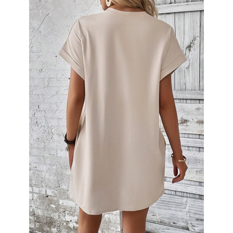 Women's Plain Pocket Batwing Sleeve Tee Dress, Summer Dresses, Casual Round Neck Roll Up Sleeve Dress for Women