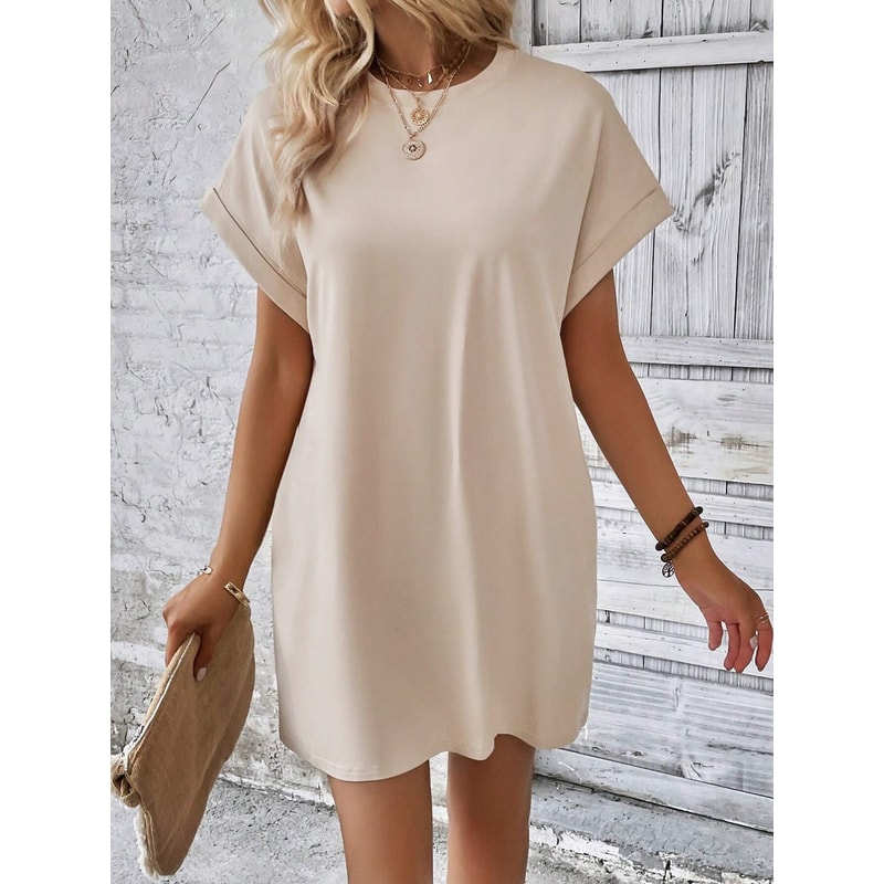 Women's Plain Pocket Batwing Sleeve Tee Dress, Summer Dresses, Casual Round Neck Roll Up Sleeve Dress for Women