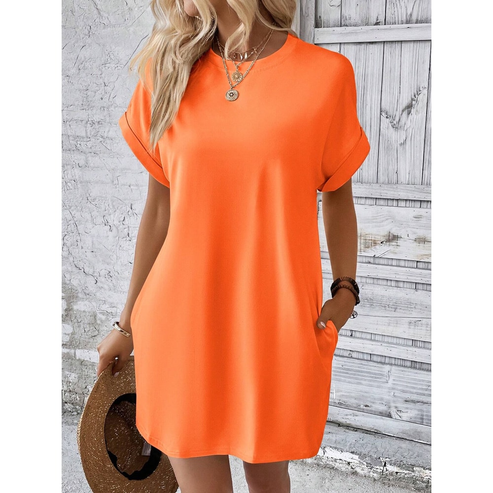 Women's Plain Pocket Batwing Sleeve Tee Dress, Summer Dresses, Casual Round Neck Roll Up Sleeve Dress for Women