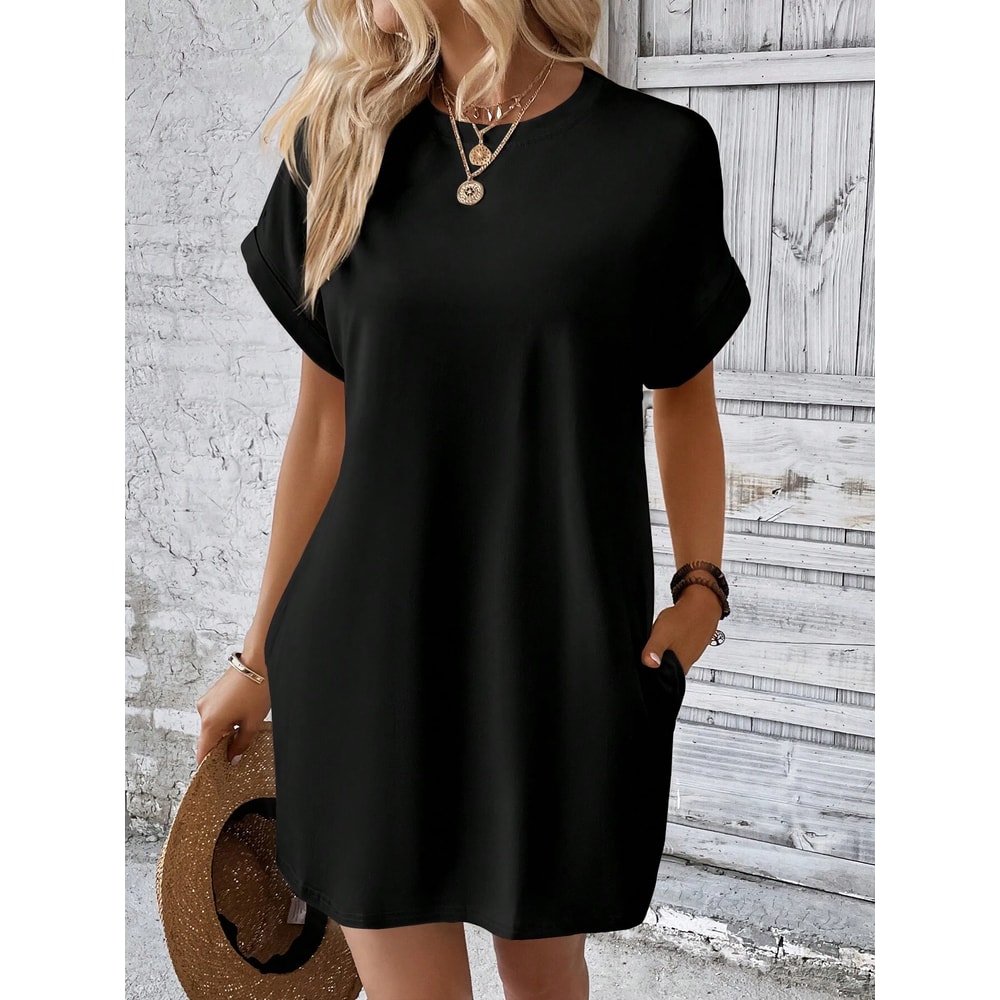Women's Plain Pocket Batwing Sleeve Tee Dress, Summer Dresses, Casual Round Neck Roll Up Sleeve Dress for Women
