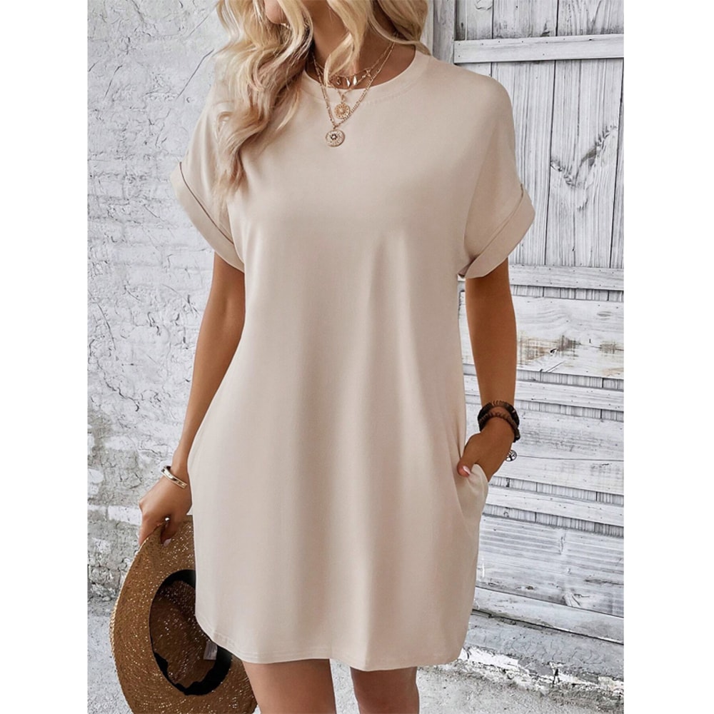 Women's Plain Pocket Batwing Sleeve Tee Dress, Summer Dresses, Casual Round Neck Roll Up Sleeve Dress for Women