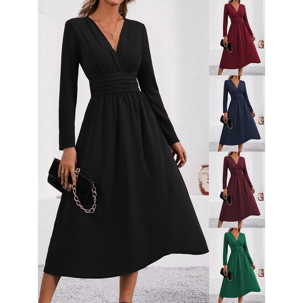 Waist Shirring Bodycon Long Maxi Dress with Fall Winter Overlap V-Neck Design