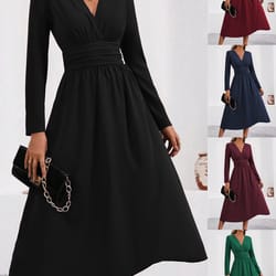 waist shirring bodycon long maxi dress with fall winter overlap v-neck design