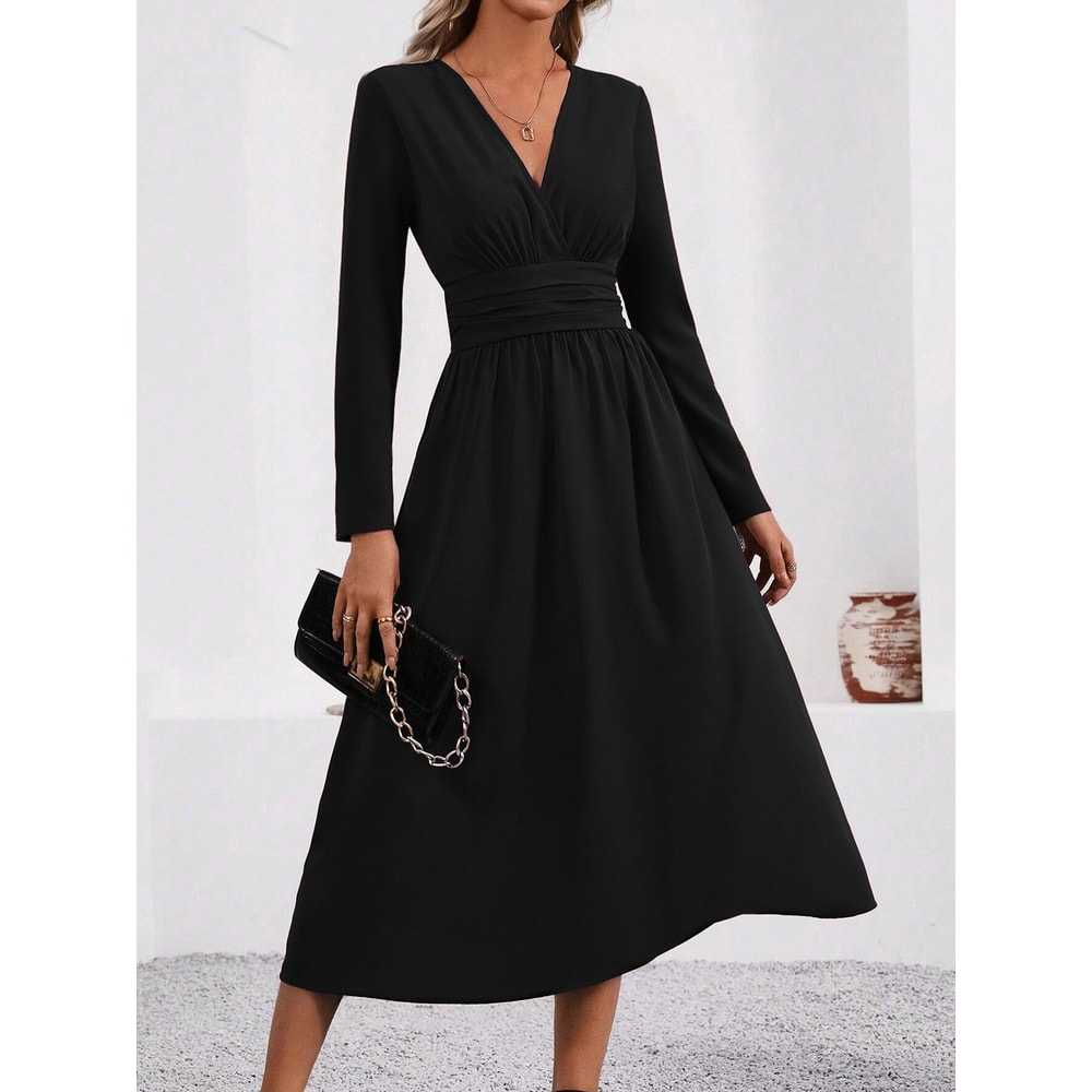 Waist Shirring Bodycon Long Maxi Dress with Fall Winter Overlap V-Neck Design