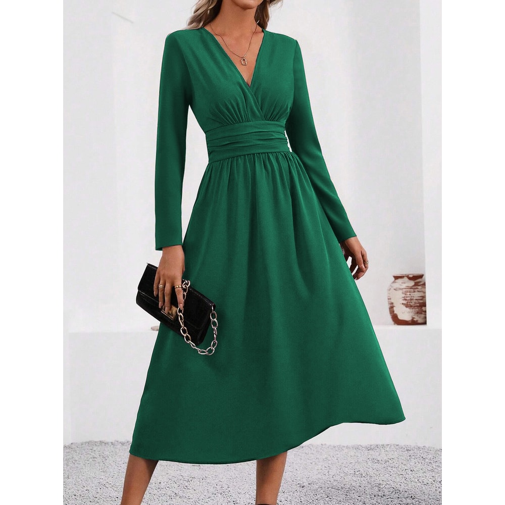 Waist Shirring Bodycon Long Maxi Dress with Fall Winter Overlap V-Neck Design