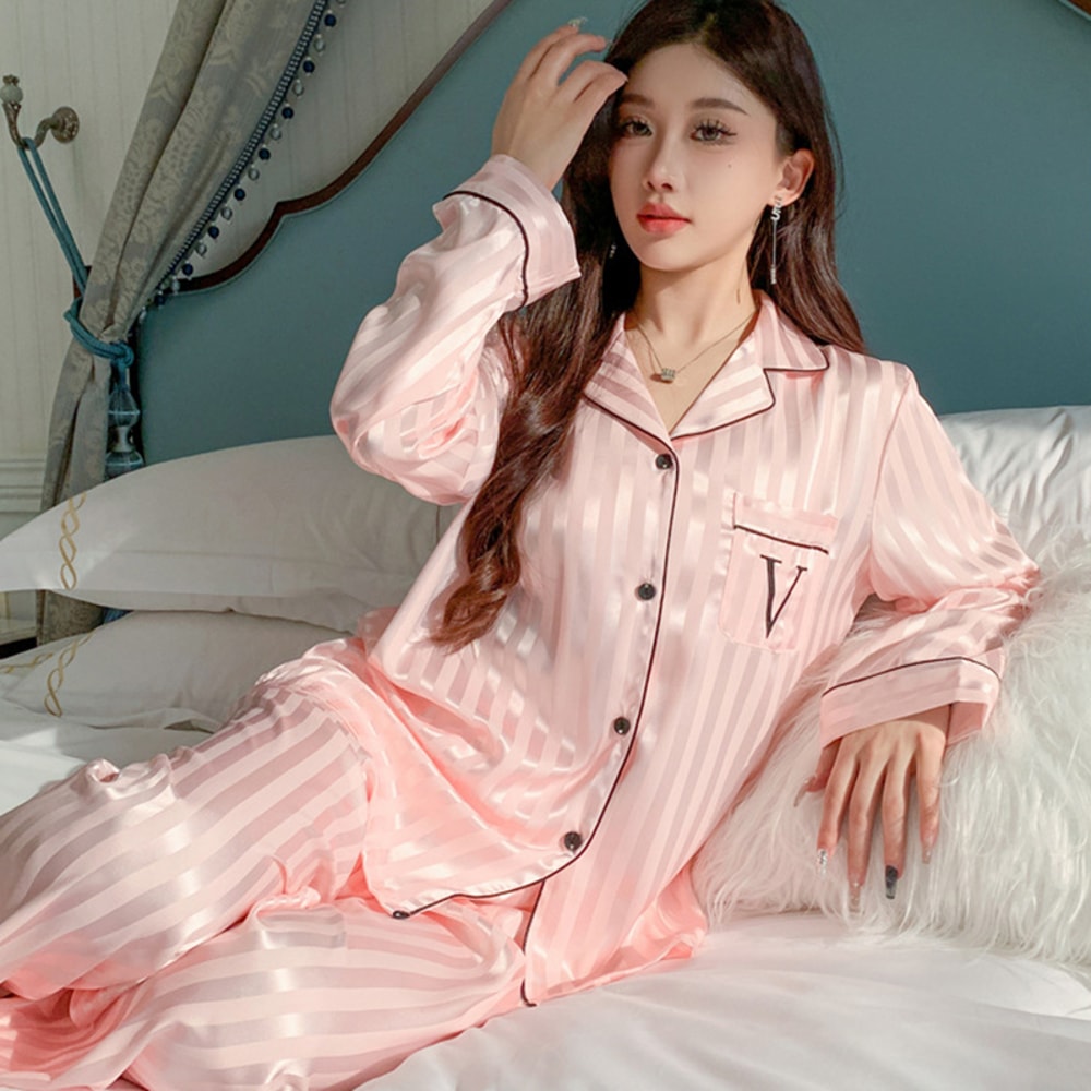 Lightweight Women Ice Silk Pajama Set Long Sleeve Long Pants Comfortable Sleepwear For Spring And A 1