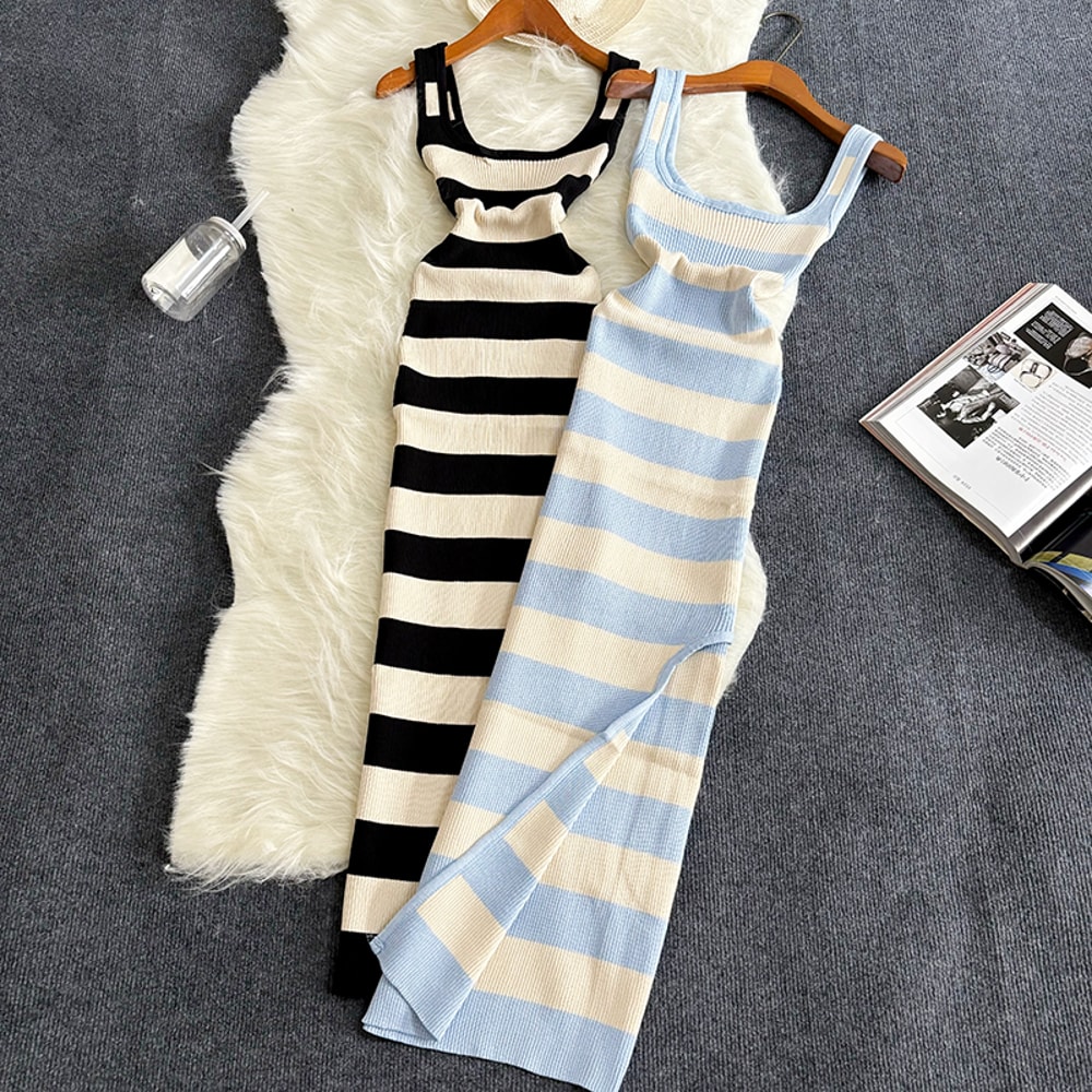 Stripe Summer Elastic Split Bodycon Dress, Sexy Beach Vacation Sundress, Women Casual Slim Pencil, Maxi Long Dress, Warm