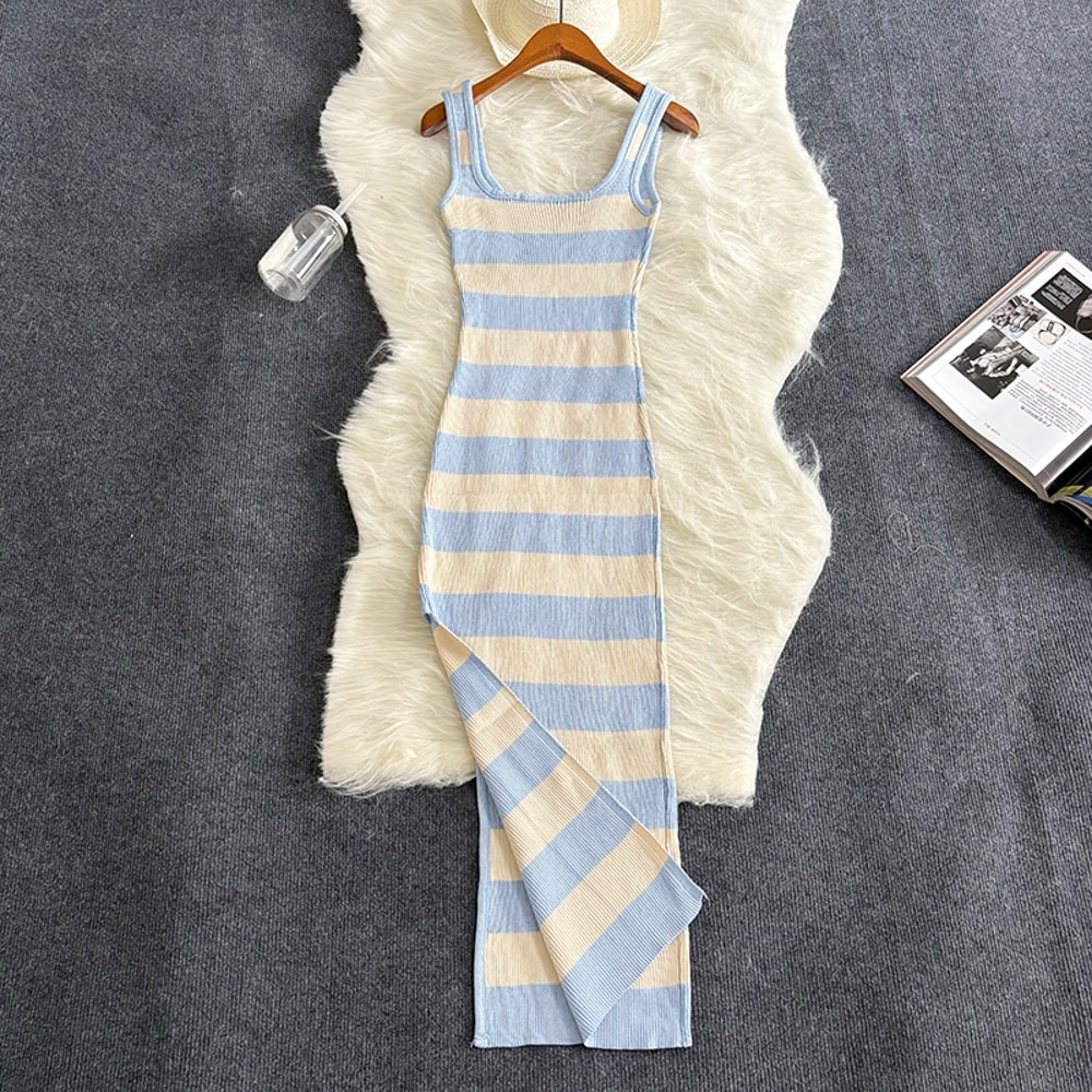Stripe Summer Elastic Split Bodycon Dress, Sexy Beach Vacation Sundress, Women Casual Slim Pencil, Maxi Long Dress, Warm